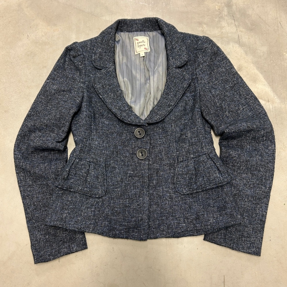 Nanette Lepore Blue Tweed Two Button Blazer Jacket Size 4 Pleated Back